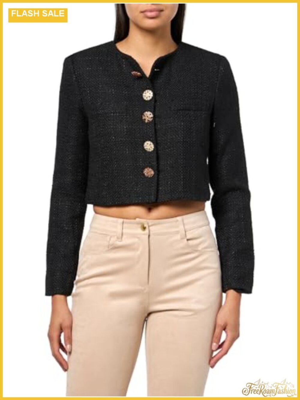 Cropped Tweed Jacket Wool Blend Jeweled Buttons Long Sleeve